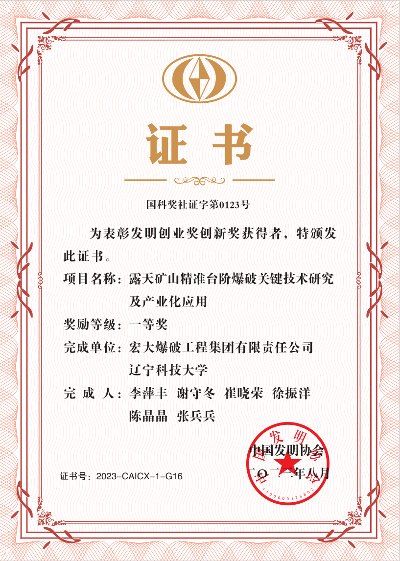 公司荣誉丨宏大爆破科研成果荣获中国发明协会一等奖